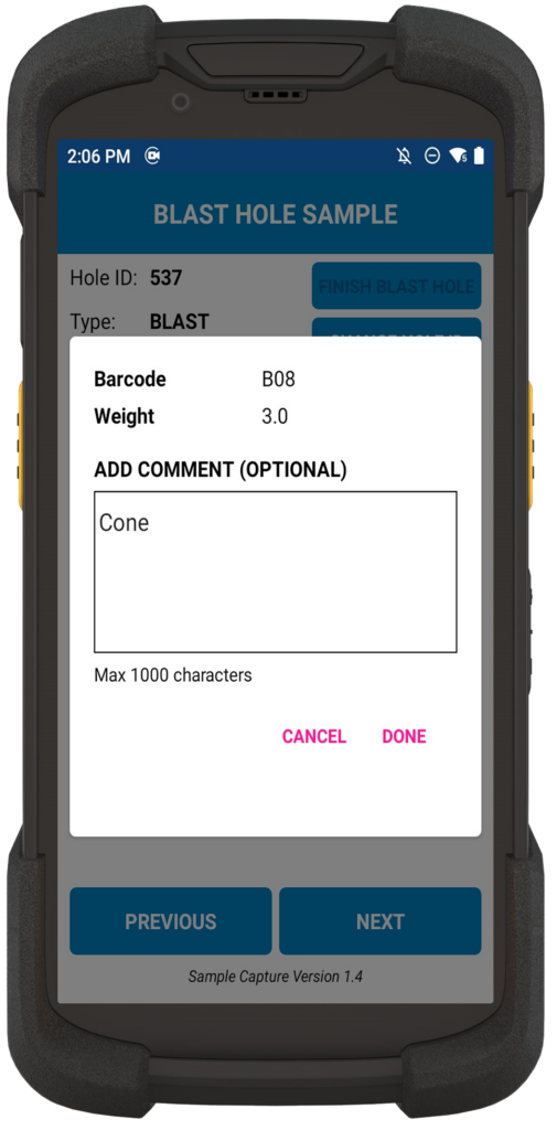 GeoSample optional comment dialog